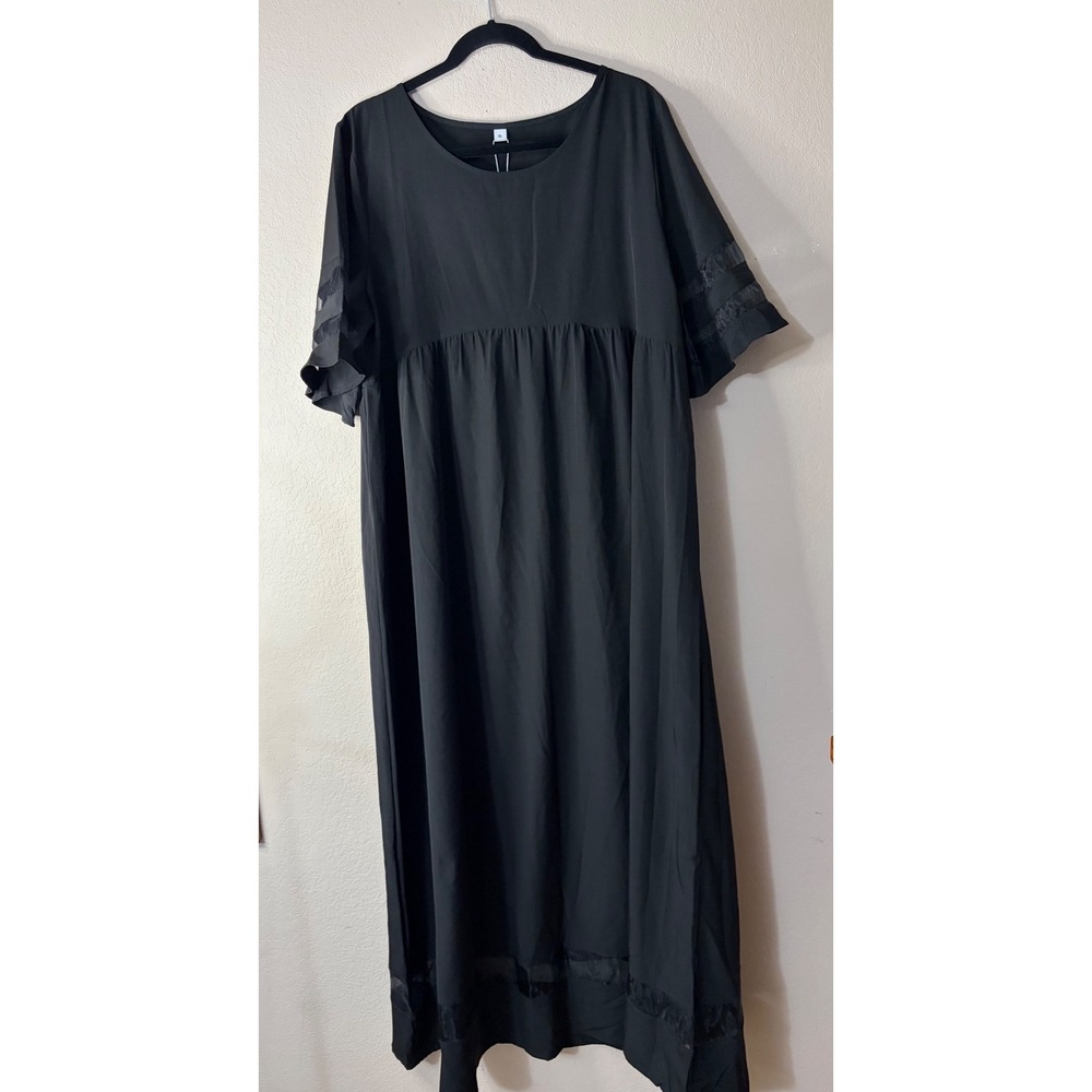 New Women Black Empire Waist Maxi Dress Sheer Mesh Panel Short Sleeve XL